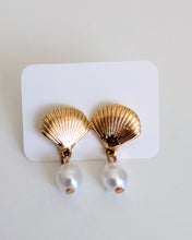 Load image into Gallery viewer, Shell Gold Plated Stud Earrings with Hanging Faux Pearl