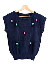 Load image into Gallery viewer, Navy Blue Short Sleeve Knitted Jumper with Flowers. Size 10
