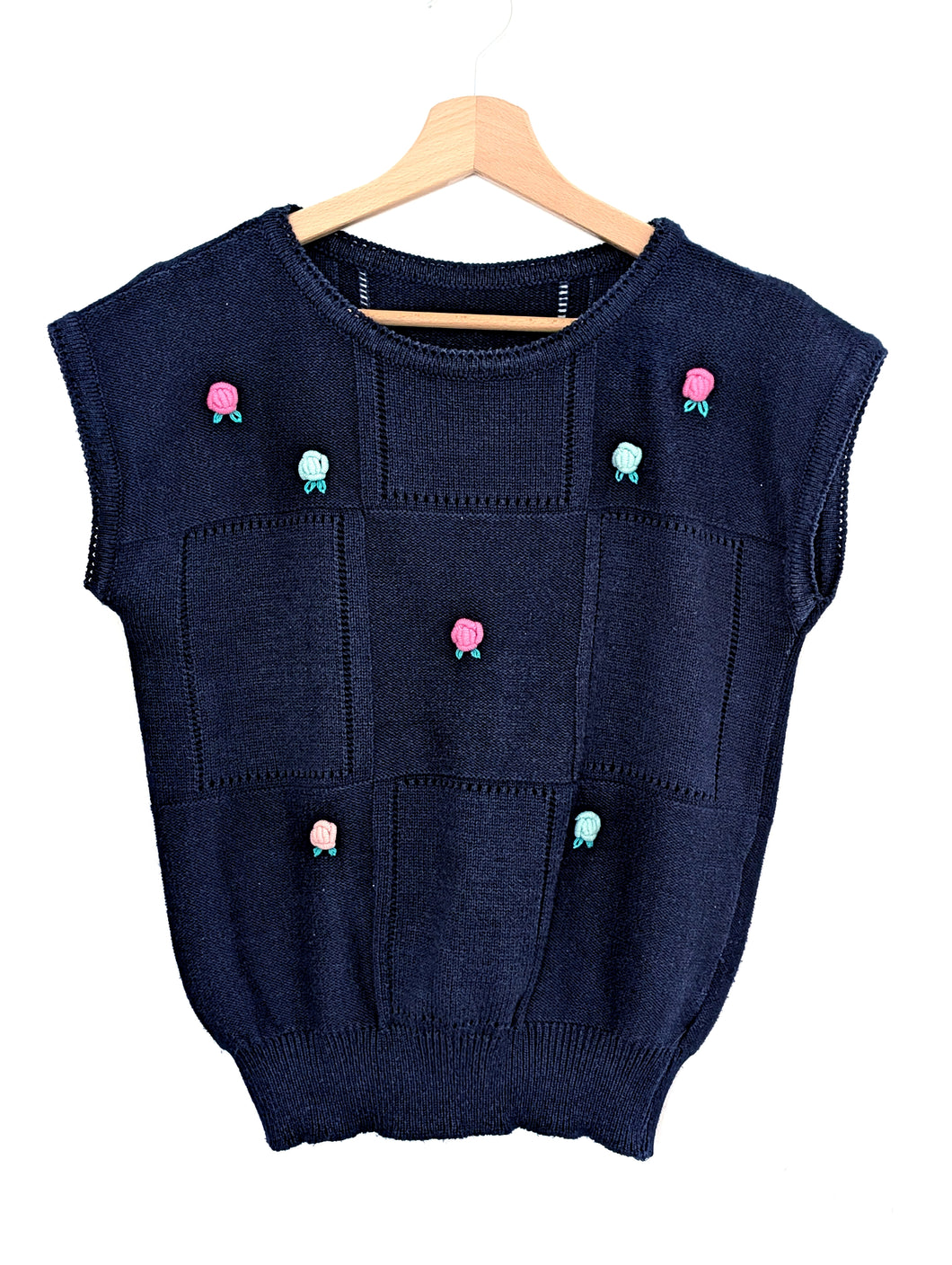 Navy Blue Short Sleeve Knitted Jumper with Flowers. Size 10