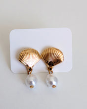 Load image into Gallery viewer, Shell Gold Plated Stud Earrings with Hanging Faux Pearl
