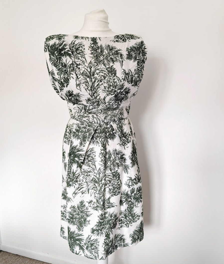 White Vintage Dress with Floral Green Print. Size 8