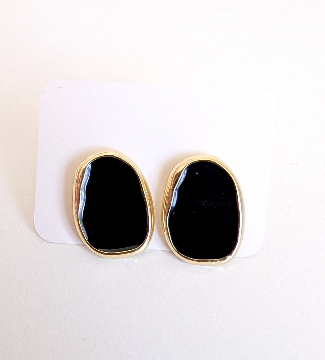 Vintage Black Stud Earrings with Gold Trim