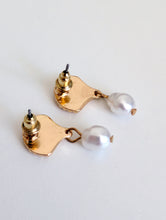 Load image into Gallery viewer, Shell Gold Plated Stud Earrings with Hanging Faux Pearl
