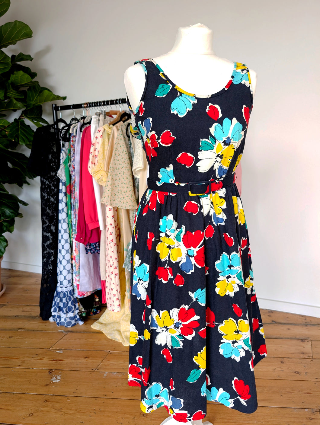 Navy and Floral Cotton Dress with Belt. Size 8