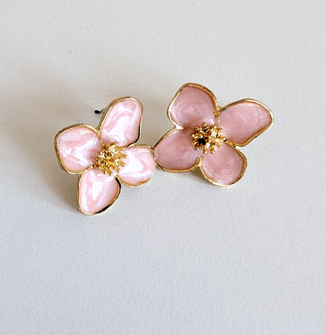 Pink and Gold Flower Stud Earrings
