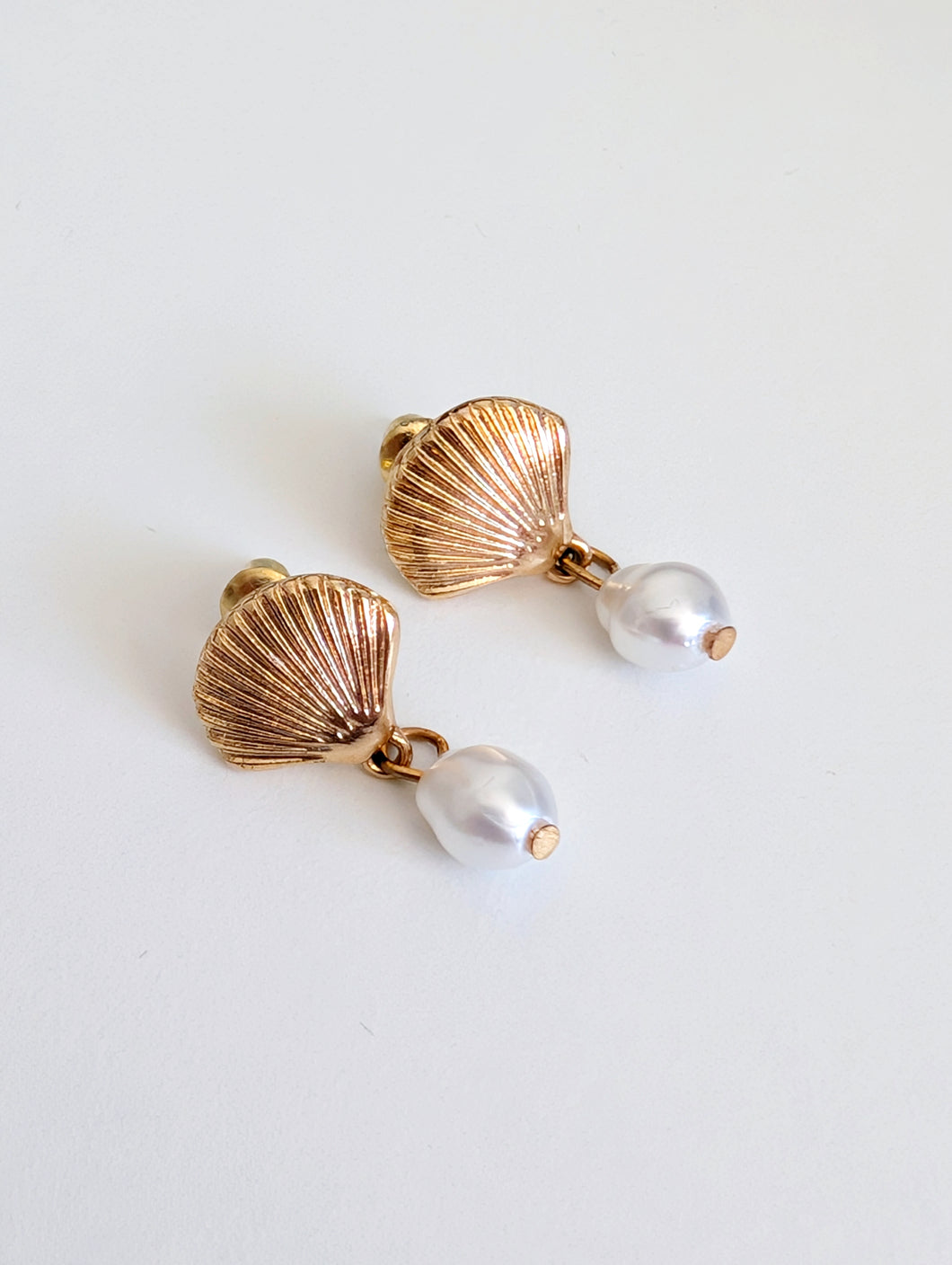 Shell Gold Plated Stud Earrings with Hanging Faux Pearl